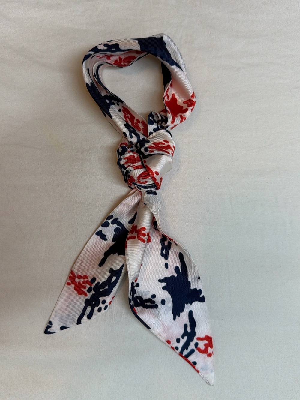 White Neck Scarf with Navy and Red Abstract Print